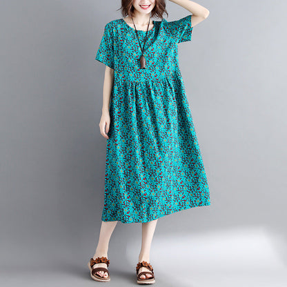Green Print Cotton Linen Maxi Dress Short Sleeve Long Dresses New O Neck Clothing Dresses