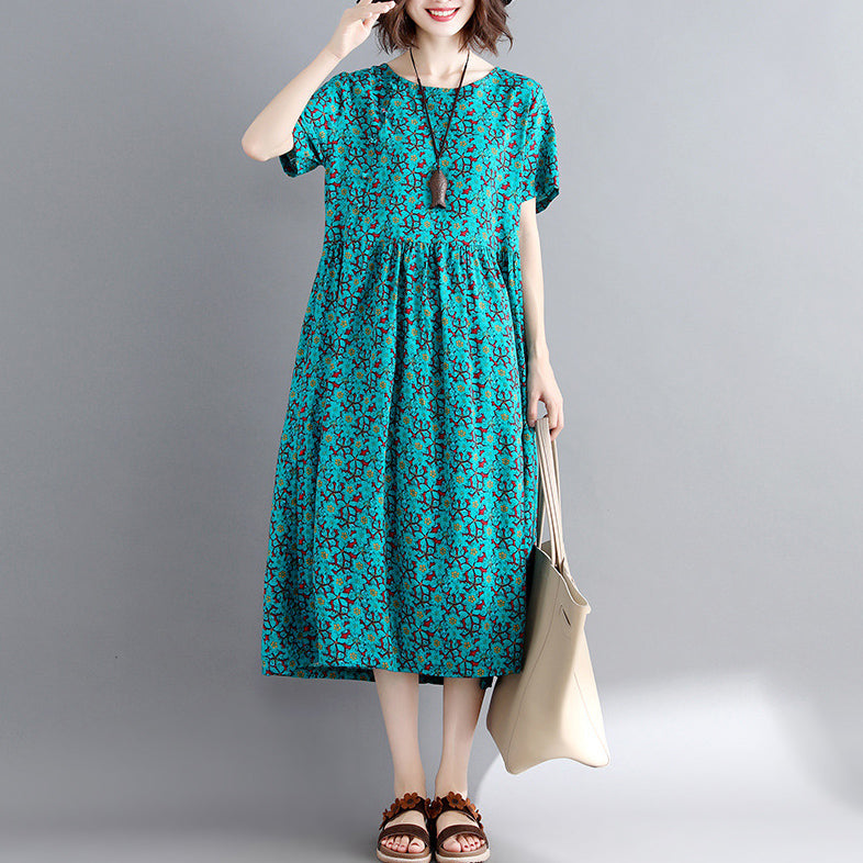 Green Print Cotton Linen Maxi Dress Short Sleeve Long Dresses New O Neck Clothing Dresses