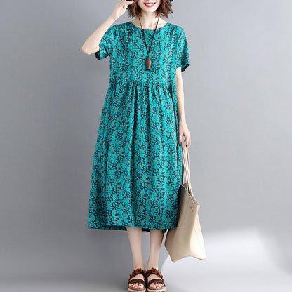 Green Print Cotton Linen Maxi Dress Short Sleeve Long Dresses New O Neck Clothing Dresses