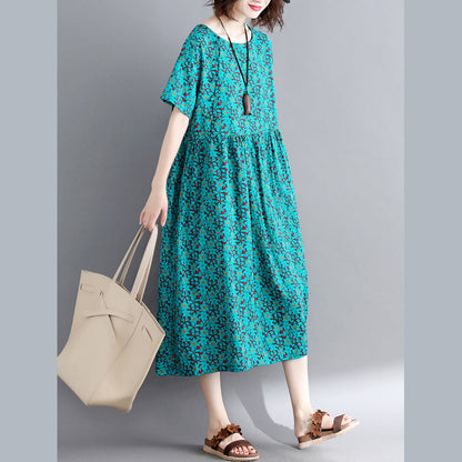 Green Print Cotton Linen Maxi Dress Short Sleeve Long Dresses New O Neck Clothing Dresses