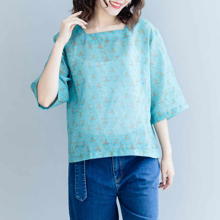 Green Print Cotton Linen Pullover Cotton Linen Clothing Tops Half Sleeve Square Collar Tops