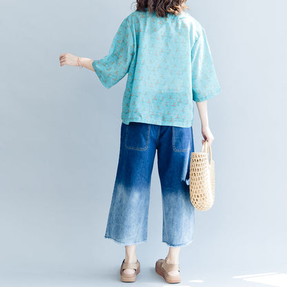 Green Print Cotton Linen Pullover Cotton Linen Clothing Tops Half Sleeve Square Collar Tops