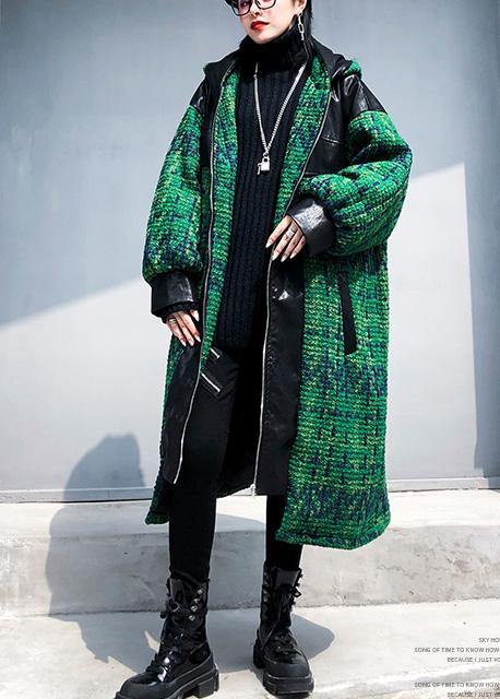 Green Woolen Coats Loose Fitting Medium Length Coat Patchwork Hooded Woolen Outwear