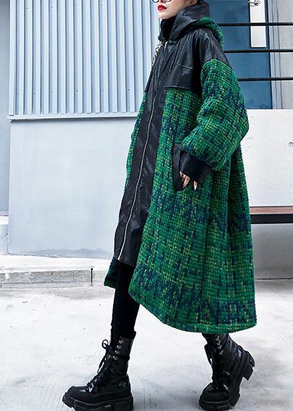 Green Woolen Coats Loose Fitting Medium Length Coat Patchwork Hooded Woolen Outwear