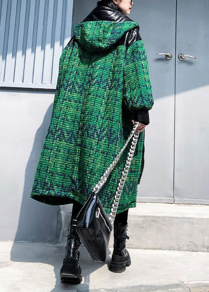 Green Woolen Coats Loose Fitting Medium Length Coat Patchwork Hooded Woolen Outwear