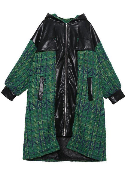 Green Woolen Coats Loose Fitting Medium Length Coat Patchwork Hooded Woolen Outwear