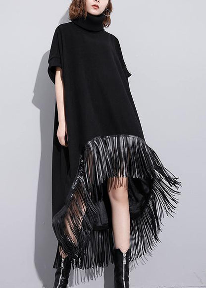 High Neck Tassel Cotton Tunic Fabrics Black Dresses