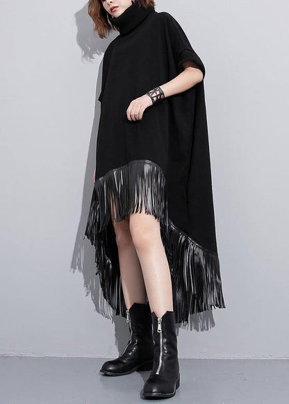 High Neck Tassel Cotton Tunic Fabrics Black Dresses