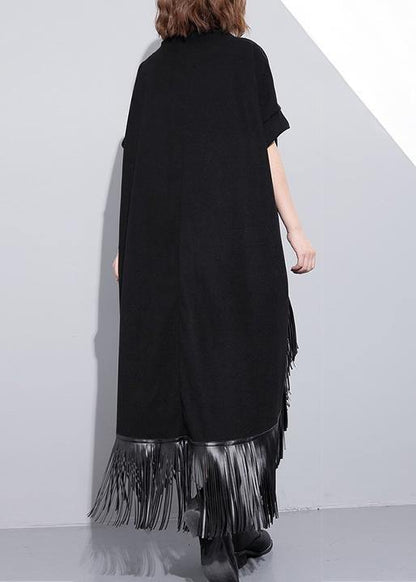 High Neck Tassel Cotton Tunic Fabrics Black Dresses
