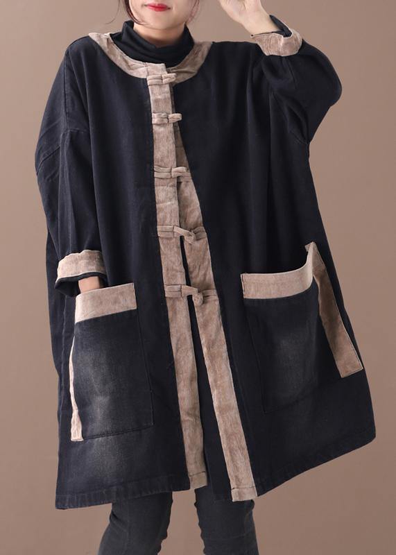 Hooded Chinese Button Clothes Denim Black Patchwork Khaki Clothing Coats