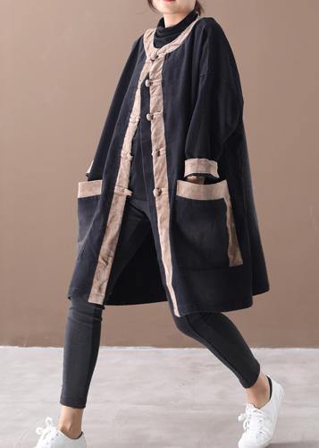 Hooded Chinese Button Clothes Denim Black Patchwork Khaki Clothing Coats