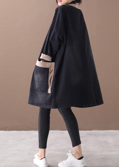 Hooded Chinese Button Clothes Denim Black Patchwork Khaki Clothing Coats