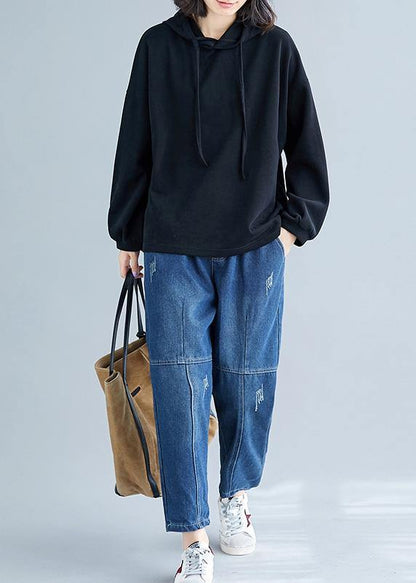 Elegant hooded drawstring cotton black top fall