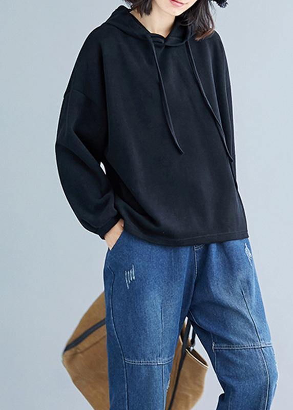 Hooded Drawstring Cotton Black Top Fall