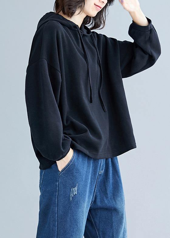 Hooded Drawstring Cotton Black Top Fall