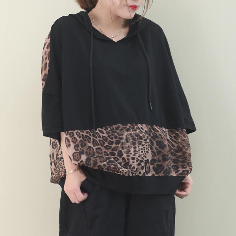 Hooded Patchwork Cotton Summer Top Design Black Shirt