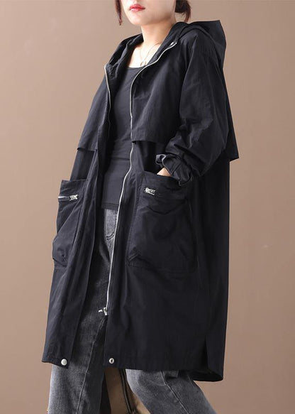 Hooded Zippered Coats Black Coats