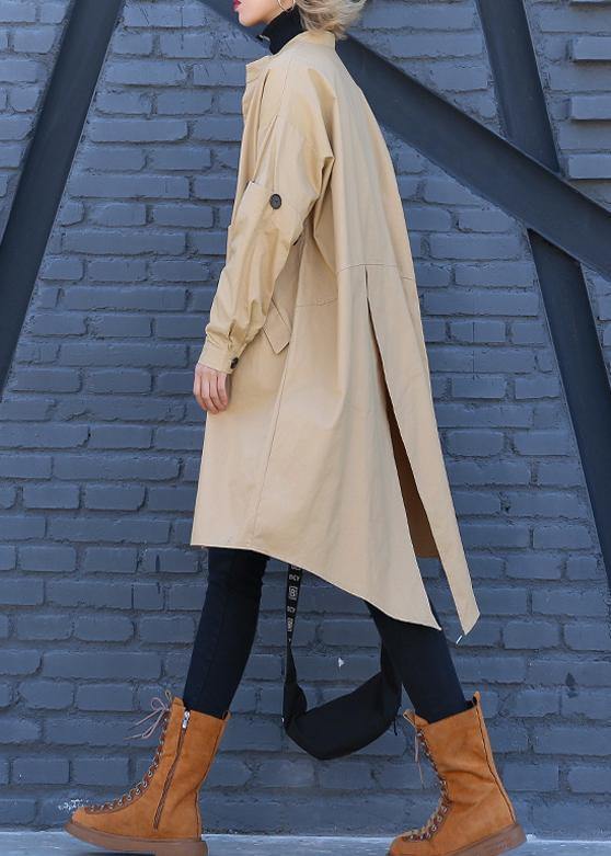 Khaki Coat Medium Length Stand Collar Asymmetric Coat