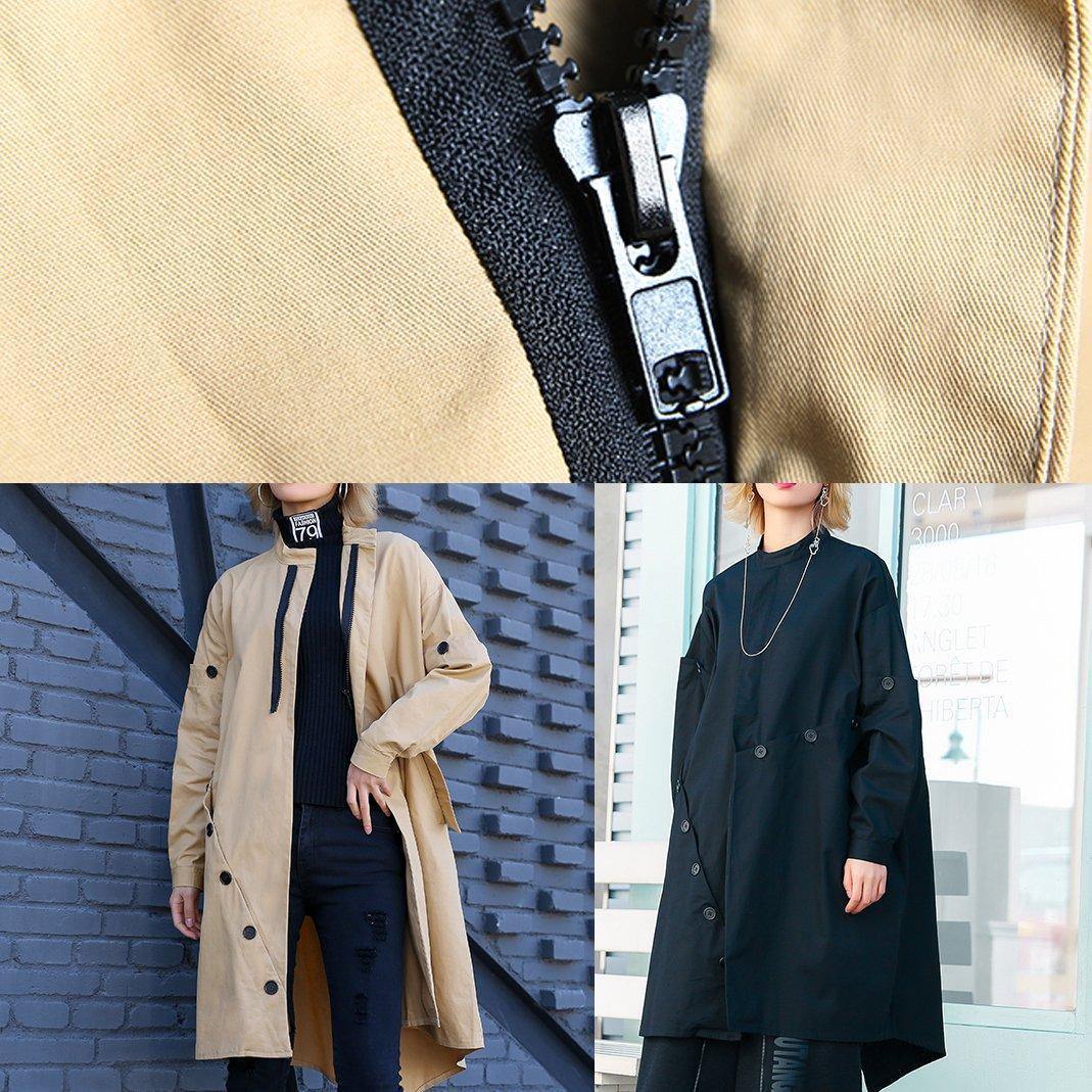 Khaki Coat Medium Length Stand Collar Asymmetric Coat