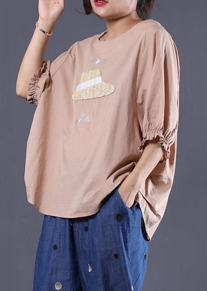 Khaki Cotton Tunic Top O Neck Silhouette Summer Blouses