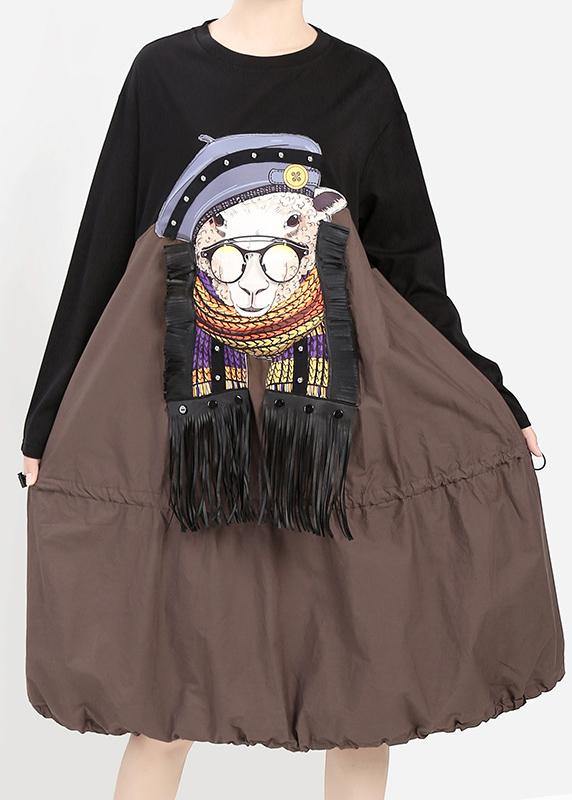 Khaki Fall Cartoon Girl Print Cotton Dress Tassel Long Patchwork Dresses