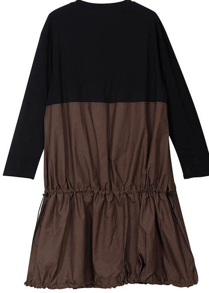 Khaki Fall Cartoon Girl Print Cotton Dress Tassel Long Patchwork Dresses
