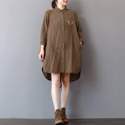 Khaki Striped Linen Knee Dress Linen Cotton Dress Lapel Collar Fine Low High Design Natural Linen Dress