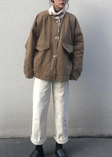 Khaki Parka Loose Fitting Warm Winter Coat Stand Collar Outwear Thick