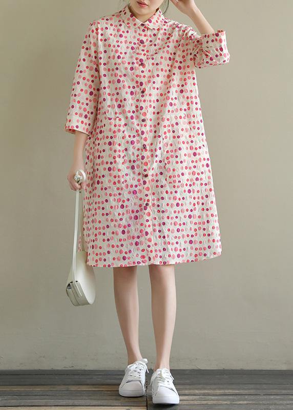 Lapel Pockets Cotton Dress Pink Dotted Dress Summer