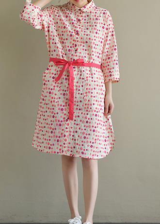 Lapel Pockets Cotton Dress Pink Dotted Dress Summer