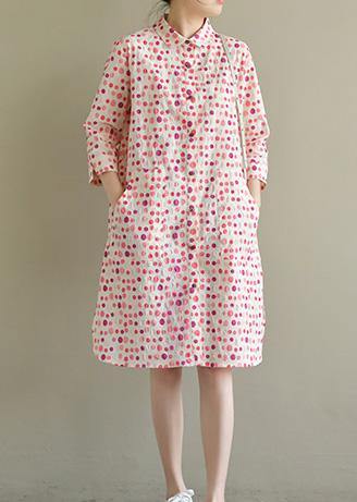 Lapel Pockets Cotton Dress Pink Dotted Dress Summer