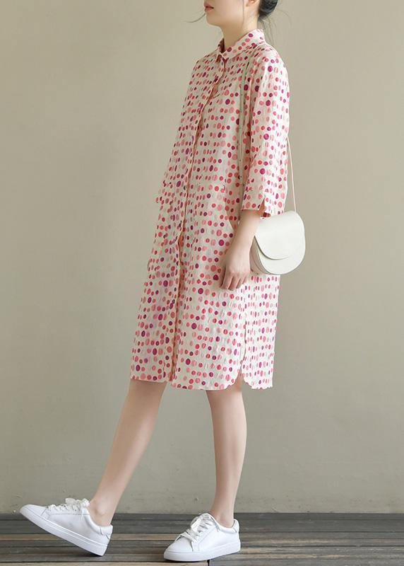 Lapel Pockets Cotton Dress Pink Dotted Dress Summer