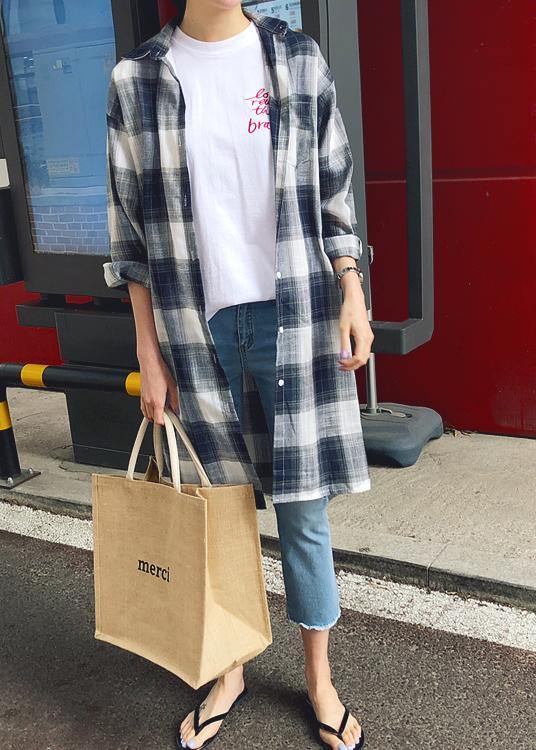 Elegant lapel pockets linen cotton tops women plaid baggy shirt