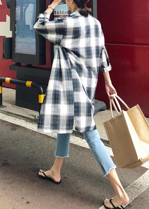 Elegant lapel pockets linen cotton tops women plaid baggy shirt