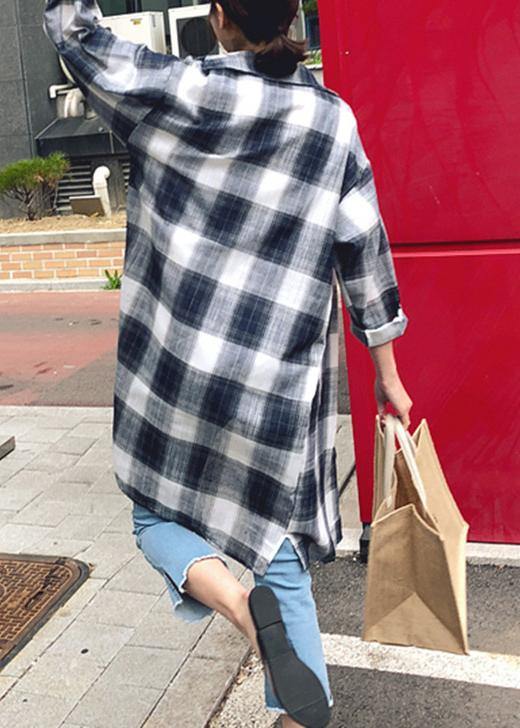 Elegant lapel pockets linen cotton tops women plaid baggy shirt