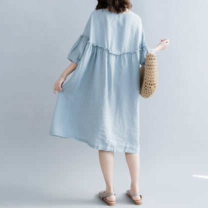 Light Blue Pure Cotton Linen Dress Linen Cotton Dress Fine Lantern Sleeve Cinched O Neck Baggy Dresses Cotton Linen Dresses