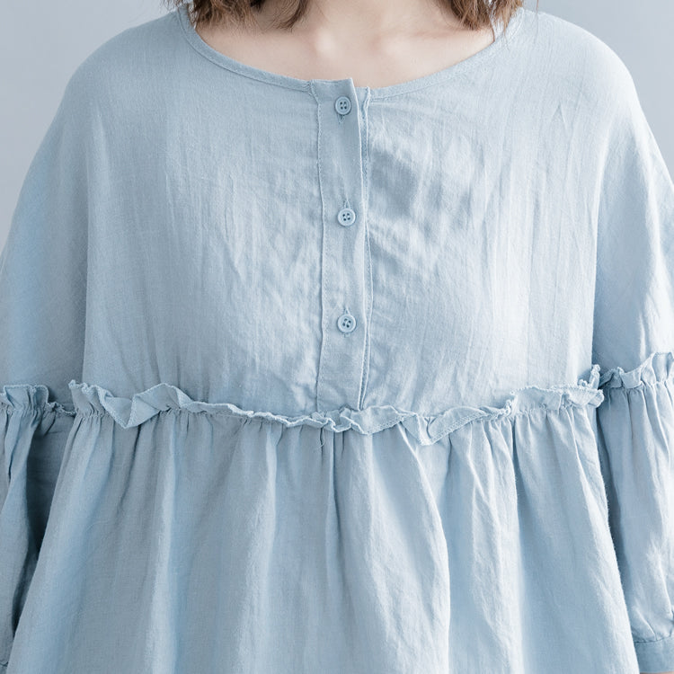 Light Blue Pure Cotton Linen Dress Linen Cotton Dress Fine Lantern Sleeve Cinched O Neck Baggy Dresses Cotton Linen Dresses