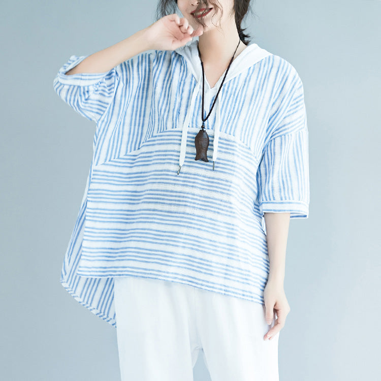 Light Blue Striped Cotton Crane Tops Wardrobes Hooded Baggy Low High Design Blouses
