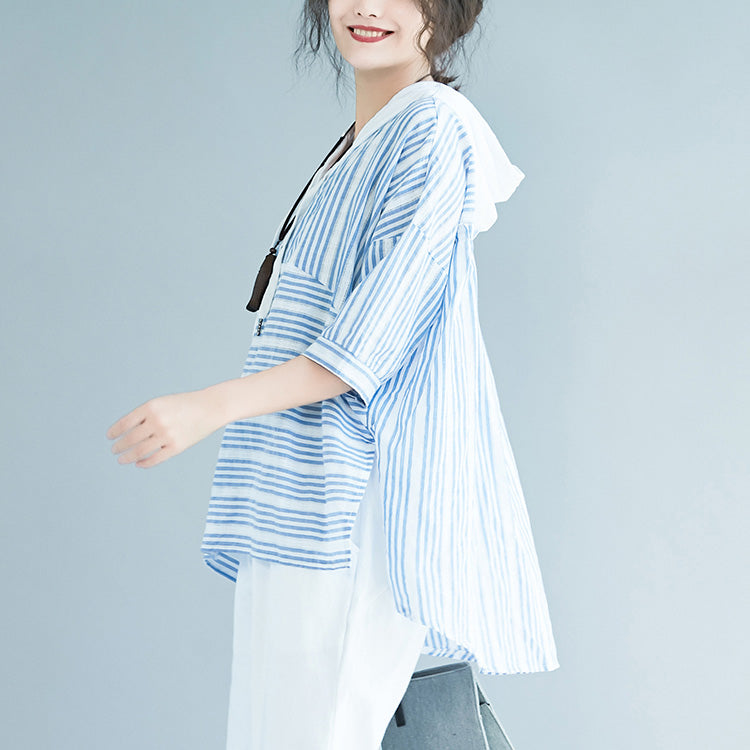 Light Blue Striped Cotton Crane Tops Wardrobes Hooded Baggy Low High Design Blouses