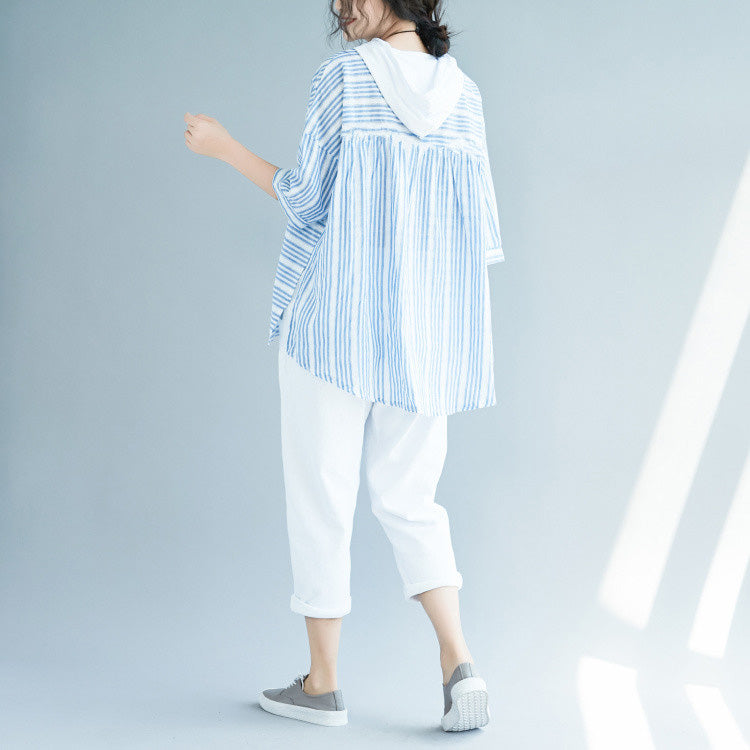 Light Blue Striped Cotton Crane Tops Wardrobes Hooded Baggy Low High Design Blouses