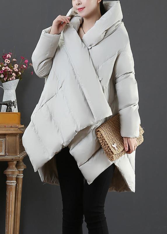 Light Gray Goose Down Coat Snow Jackets Hooded Asymmetric Warm Coats