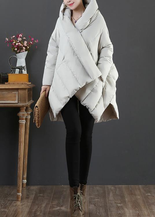 Light Gray Goose Down Coat Snow Jackets Hooded Asymmetric Warm Coats