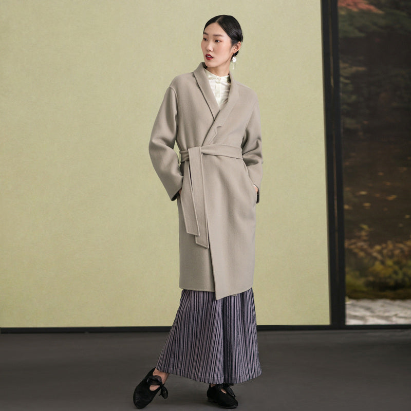 Light Gray Wool Coat Stand Collar Winter Coat Tie Waist Coats
