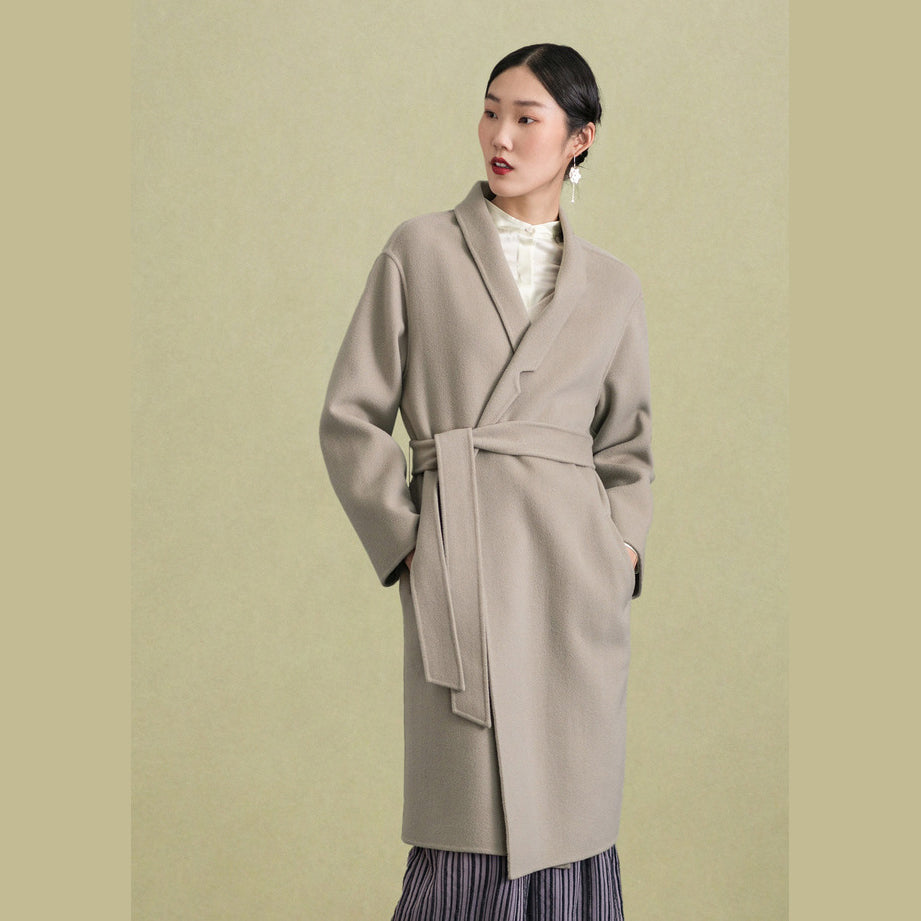 Light Gray Wool Coat Stand Collar Winter Coat Tie Waist Coats