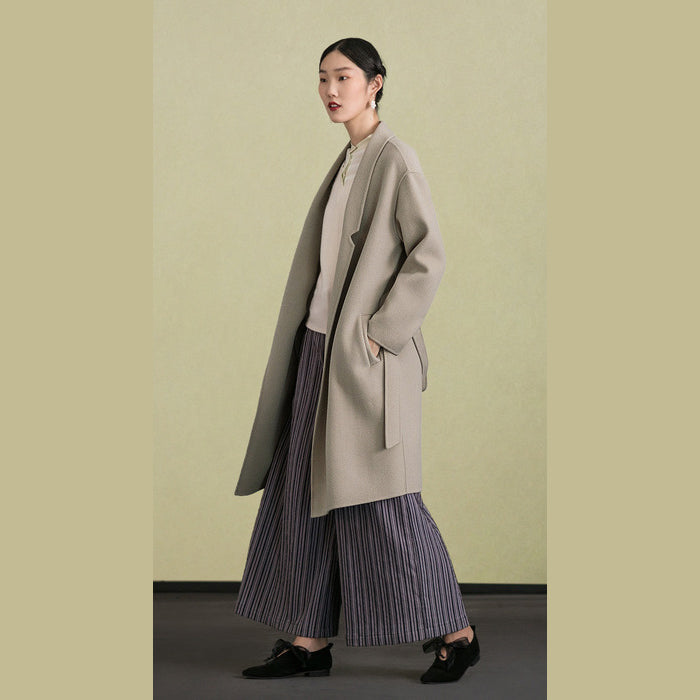 Light Gray Wool Coat Stand Collar Winter Coat Tie Waist Coats