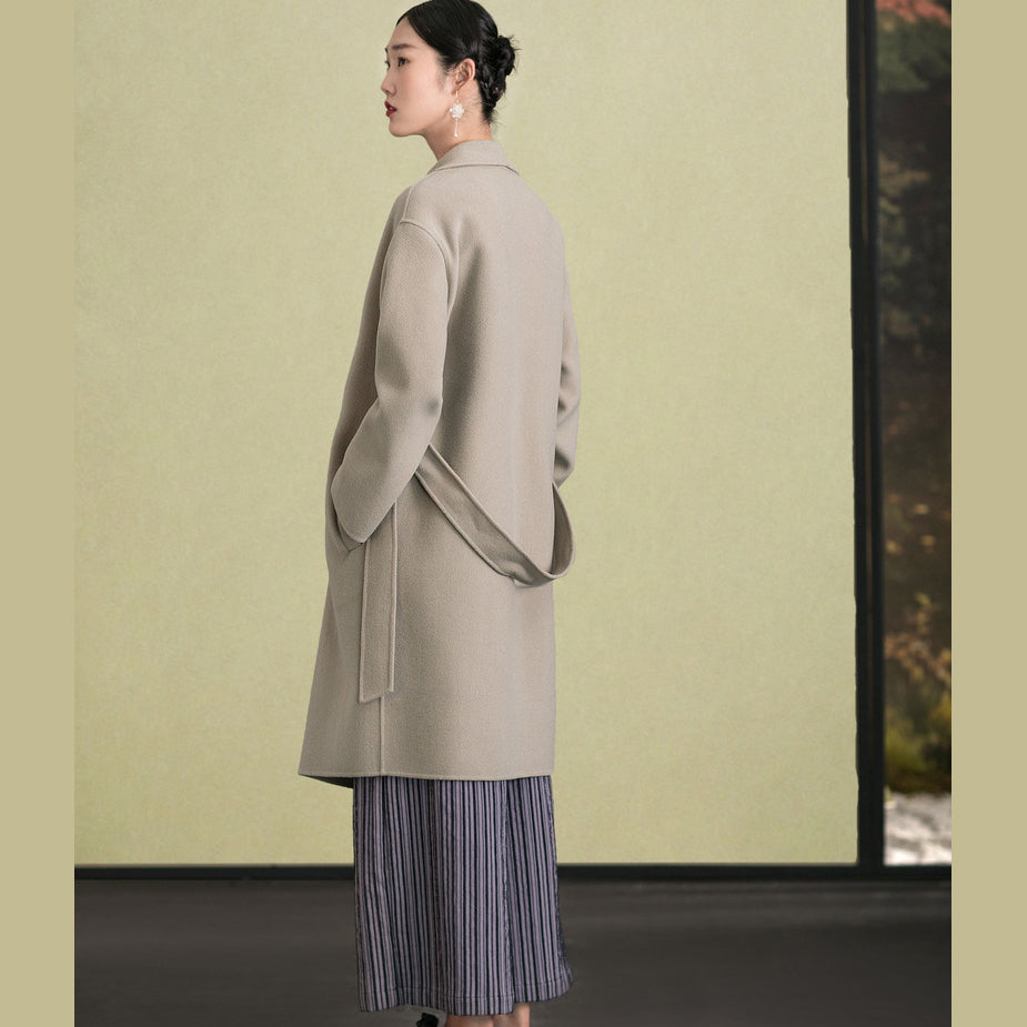 Light Gray Wool Coat Stand Collar Winter Coat Tie Waist Coats