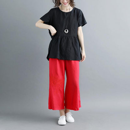 Linen Blouse Pleated Summer Short Sleeve Round Neck Black Tops