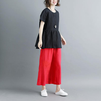 Linen Blouse Pleated Summer Short Sleeve Round Neck Black Tops