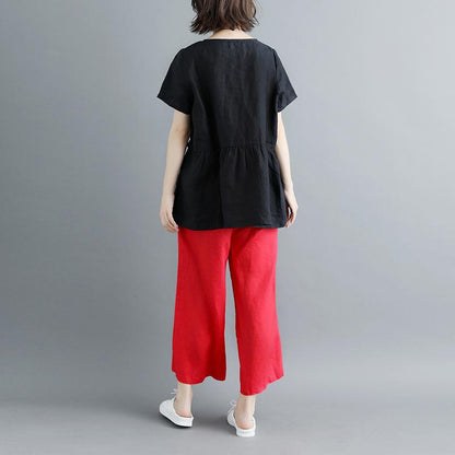 Linen Blouse Pleated Summer Short Sleeve Round Neck Black Tops