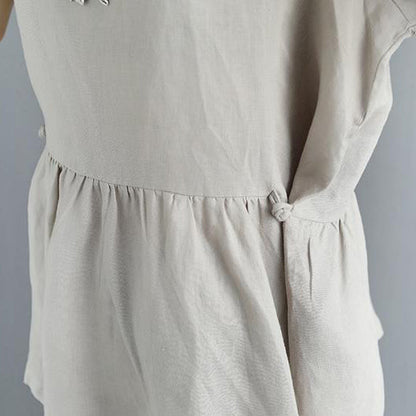 Linen Blouse Pleated Summer Short Sleeve Round Neck Black Tops